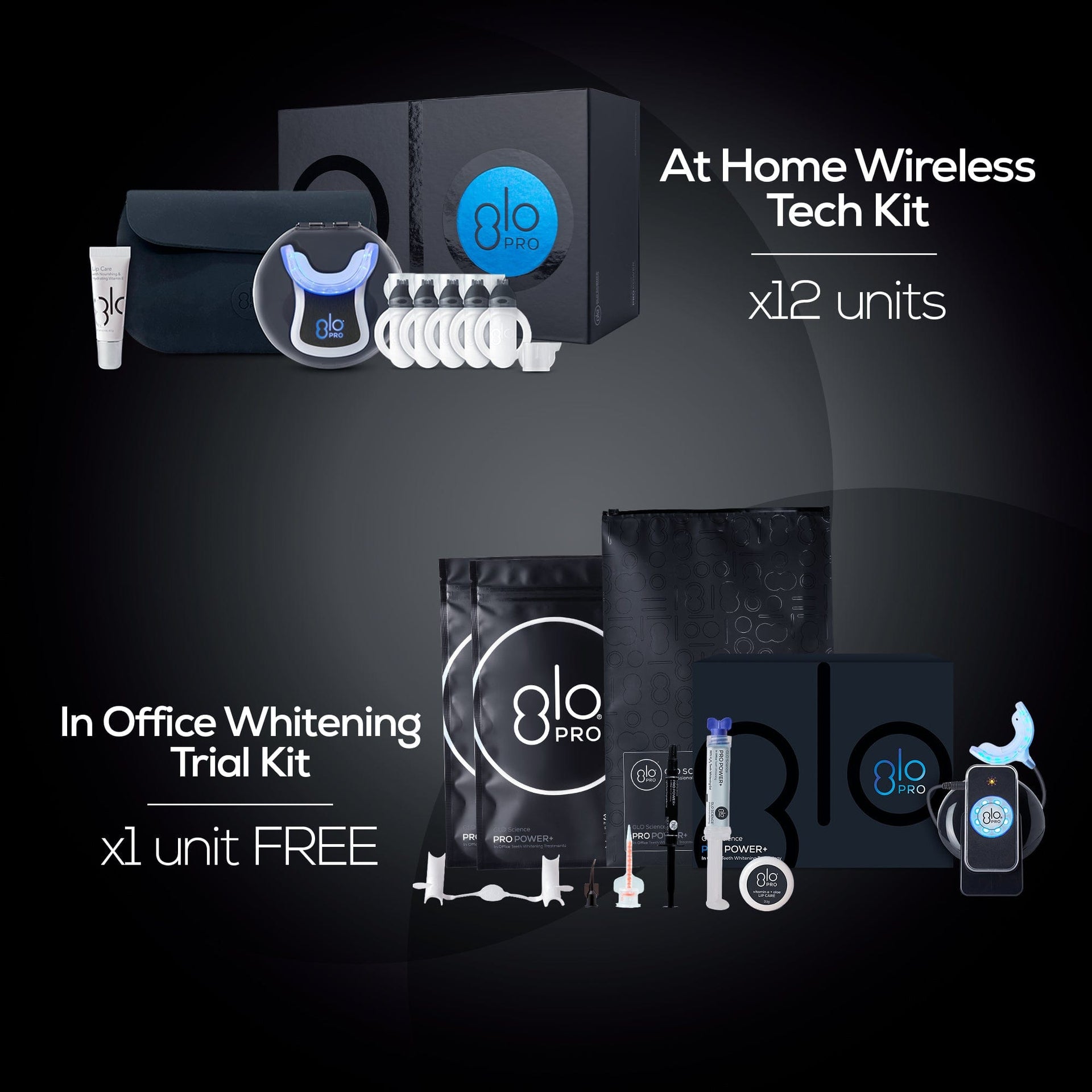 2*GLO POWER+ At Home Whitening Tech Kit Pack of 6 +  In-Office Trial Kit FREE